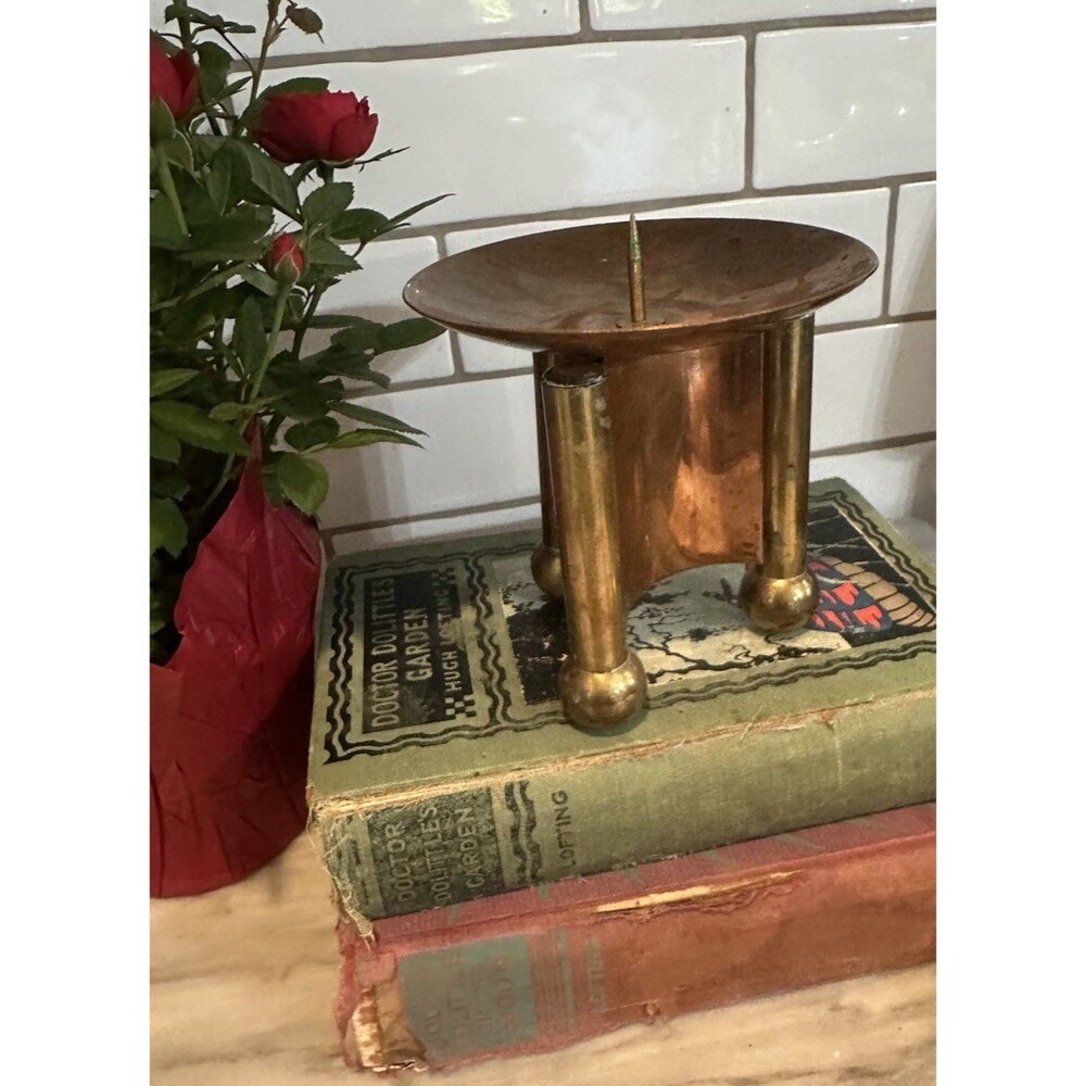 VTG. MCM Modernist Brutalist Sculptural Brass & Copper Pillar Candle Holder